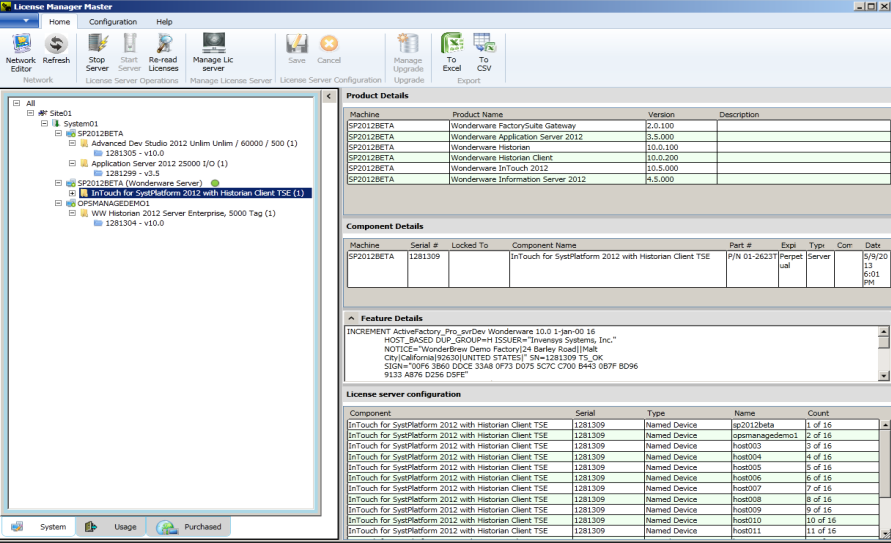 Server Lizenz Management Installed Products Tree View
