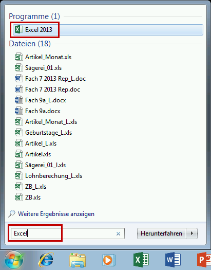 1.2 Excel starten 1.2 Excel starten 1.2.1 Windows 7 In Windows 7 können Sie Excel 2013 wie folgt starten: Variante 1 Sie verwenden die Startschaltfläche und navigieren zum entsprechenden Office 2013