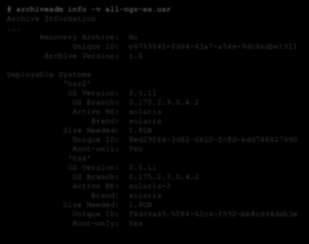 Fallbeispiel - Selektives Clone NGZ. (2) Info Unified Archive # archiveadm info -v all-ngz-es.uar Archive Information.