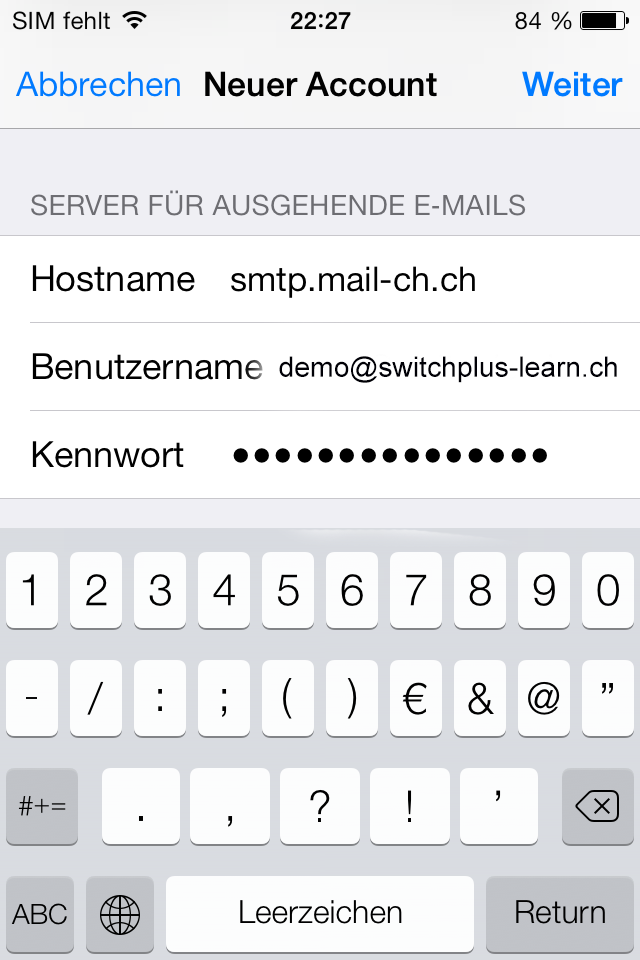 E-Mail Konfiguration mit iphone / ipad Seite 5 5. Server für eingehende E-Mails 6. Server für ausgehende E-Mails Server für eintreffende E-Mails Hostname für IMAP Geben Sie als Hostname imap.mail-ch.