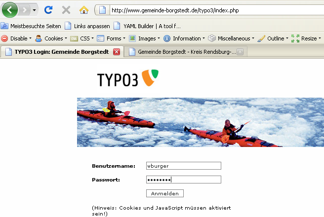 Anmeldung Die Anmeldung in jedes TYPO-Systems erfolgt, indem Sie /typo hinter den