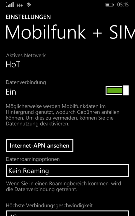 Wenn Ihr Gerät von Anfang an mit Windows Phone 8.1 geliefert wurde (Bsp: Nokia Lumia 530, 630, 830, 930) gehen Sie wie folgt vor: In den Einstellungen den Eintrag Mobilfunk+SIM aufrufen.