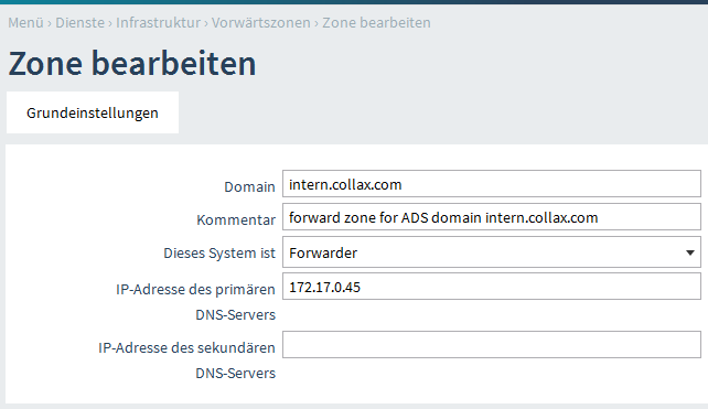 1. Konfiguration des Collax Servers 1.1 DNS-Konfiguration Vergeben Sie unter Dienste Infrastruktur DNS Allgemein den Fully Qualified Domain Name (FQDN) des Systems und definieren Sie den DNS-Suffix.