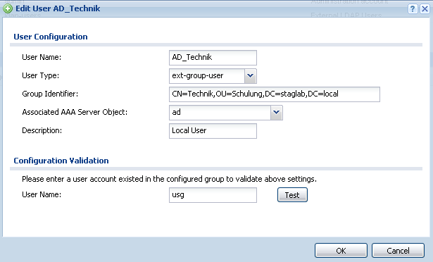 Configuration > Object > User Fügen Sie über Add einen neuen Benutzer Beliebigen Namen für die Group Benutzer eintragen. Für den User Type: ext-group-user auswählen.