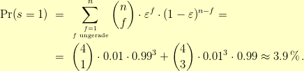 Single Parity check Codes (2) Der digitale Kanal ändert möglicherweise das Codewort x = (x 1, x 2,..., x n ) in das Empfangswort y = (y 1, y 2,..., y n ), wobei mit dem Fehlervektor e = (e 1, e 2,.