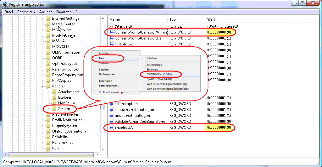 4.1.3 Für Windows Vista Unter Windows VISTA ist die UAC über die Registry zu deaktivieren.