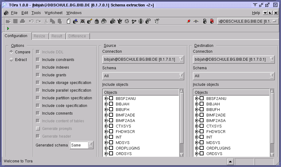 2 WERKZEUGE 2.2 Import nach PostgreSQL Abbildung 1: Startbildschirm von DB-Extraction/Compare 2.