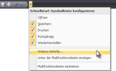 Konfigurieren der Schnellstart-Symbolleiste mithilfe der Option Weitere Befehle Mit der Option Weitere Befehle wird der Bildschirm Schnellstart-Symbolleiste konfigurieren geöffnet.