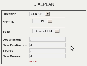 Dialplan erstellen Für unser Beispiel benötigen wir einen Dialplaneintrag für abgehende Gespräche (SIP->ISDN) und einen für ankommende Gespräche (ISDN>SIP) Dialplan Eintrag für ankommende Gespräche