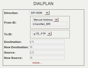 Dialplan erstellen Dialplan Eintrag für abgehende Gespräche hinzufügen mit den Werten Direction SIP-ISDN, FromID d:beronet_bri, ToID g:te_ptp.