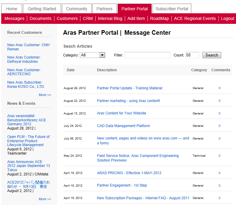 Slide 12 Partner Portal - Messages Im Message-Center wird regelmäßig auf Aras- Neuigkeiten, neue Präsentationen und