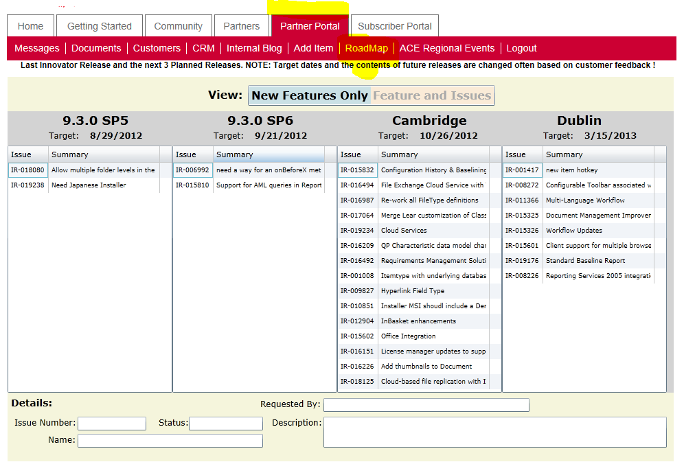 Roadmap: Subscriber / Partner Aras-Partner und -Subscriber erhalten einen detaillierteren Einblick in den Inhalt zukünftiger Aras-Releases.