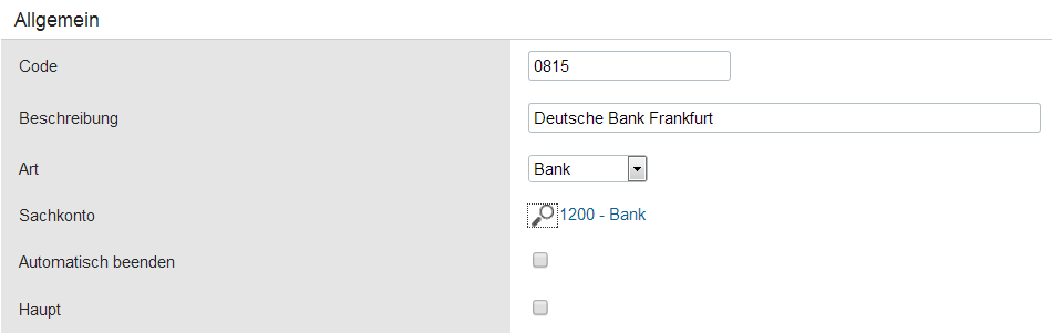 Klicken Sie auf die Beschreibung Bank und geben Sie Ihre Bankdaten ein. Ein weiteres Bankkonto können Sie durch klick auf Neu anlegen.