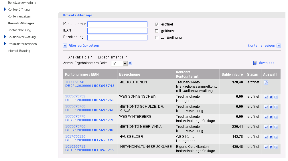 Umsatz-Manager Überblick Anzeige aller Konten mit Salden und