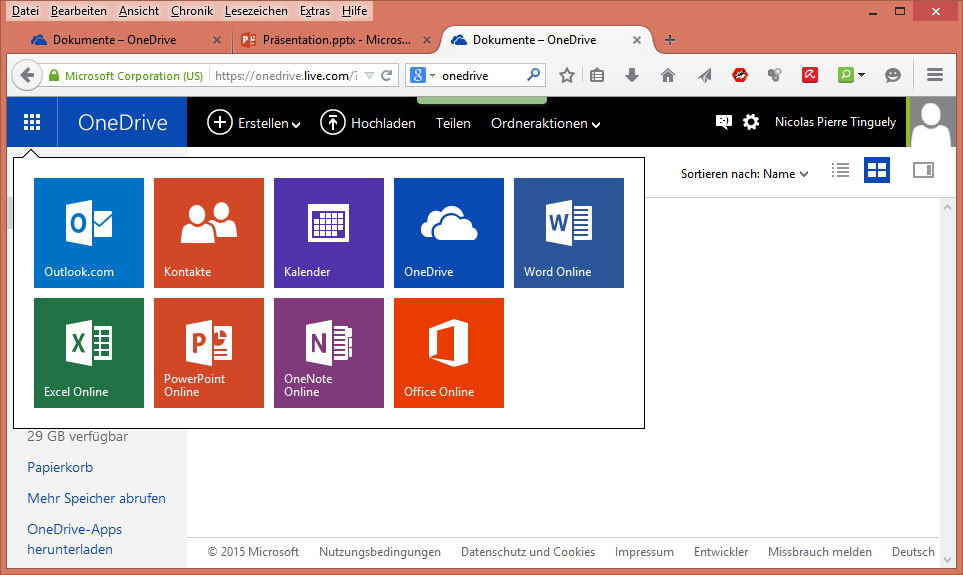 OneDrive über Internet OneDrive bietet neun online Programme wie auch die Datei- Verwaltung.