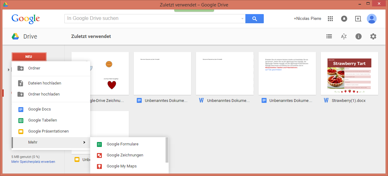 Google Drive stellt über den WEB- Zugriff sechs Programme zur Verfügung sowie drei Funktionen für die Dateiverwaltung.