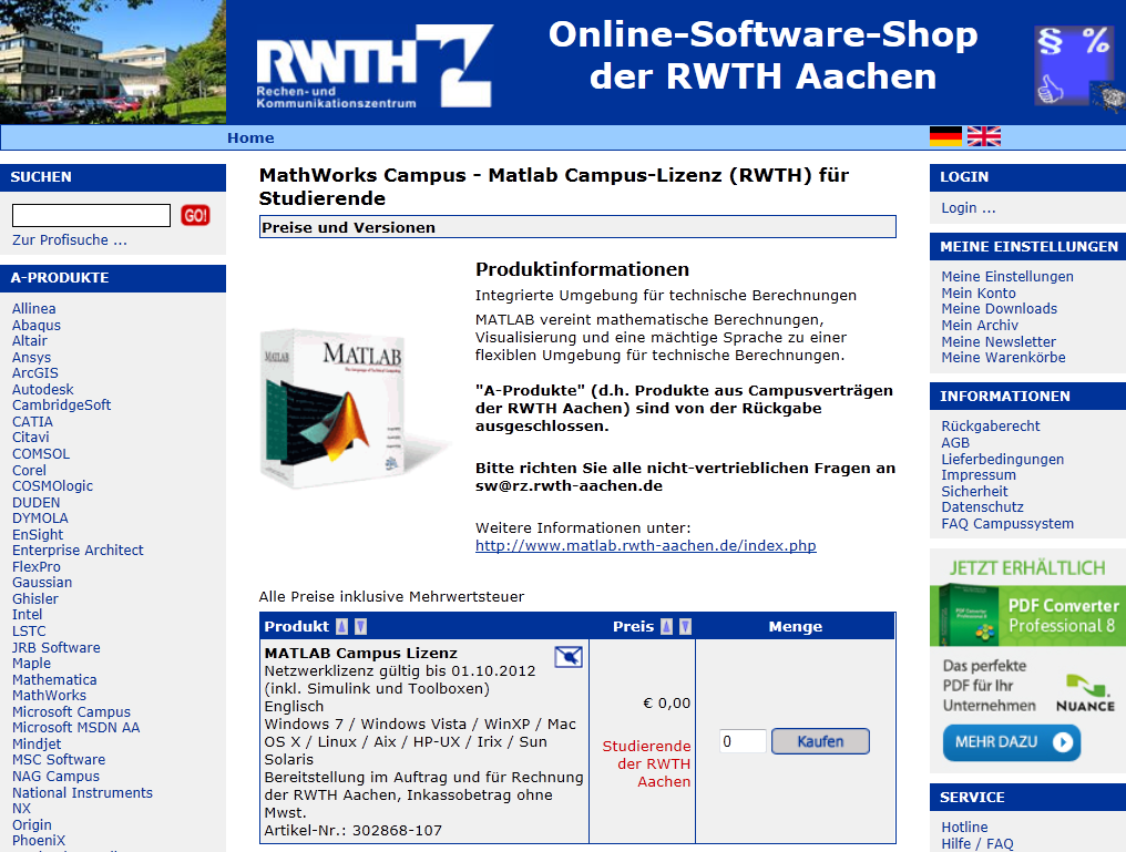 Online-Software-Shop der RWTH Aachen A-Produkte -> MathWorks -> MATLAB für Studierende