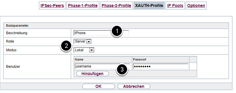 X-Auth Profil konfigurieren Gehen Sie in folgendes Menü (GUI > VPN > IPSec > XAUTH-Profile > Neu). Geben Sie eine beliebigen Beschreibung ein (1).