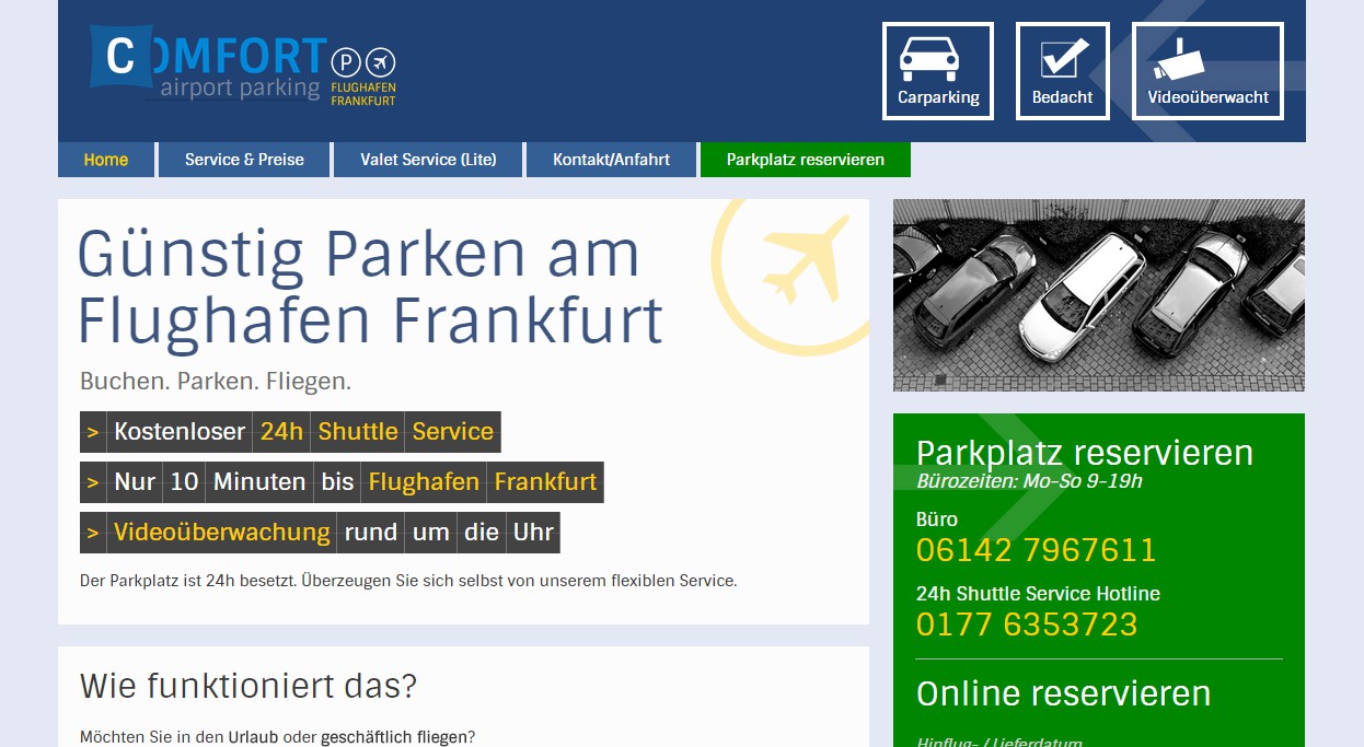 PROJEKT COMFORT-AIRPORT-PARKING.DE Konzeption und Umsetzung von responsive Webseite für Parkplatzdienstleister COMFORT airport parking inkl.