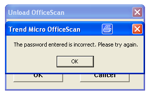 Abbildung 2: Passworteingabe um Trend Micro OfficeScan zu deaktivieren Wird dabei ein falsches Passwort eingegeben, so wird die in Abbildung 3 gezeigte Fehlermeldung ausgegeben.