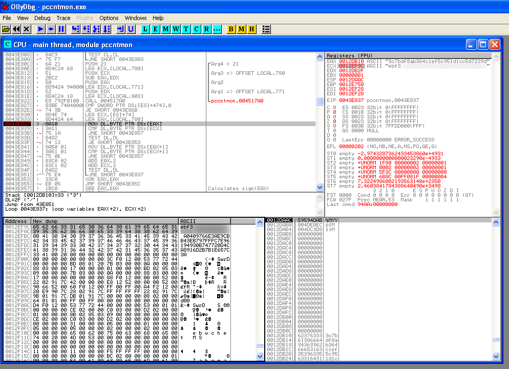 Passworts für eine 32-Bit-Softwareversion von TrendMicro OfficeScan im Windows-Debugger OllyDbg 1.