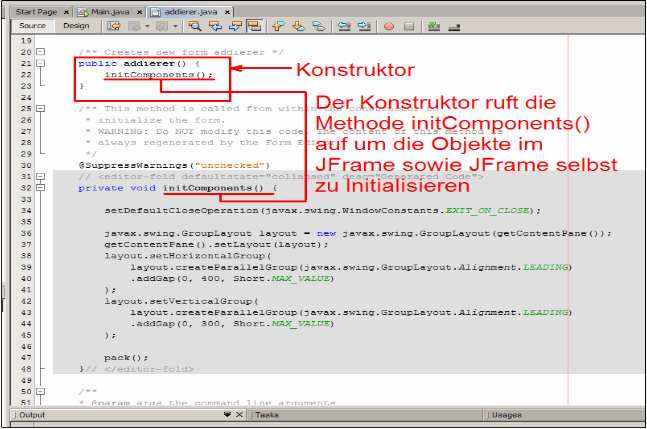 Abb. 46: SourceCode mit Eigenschaften der Objekte (grau markiert). Kann nicht editiert werden. Das Design und SourceCode Fenster ist so gesehen Ihr Arbeitstisch auf dem Sie Ihren GUI erstellen.