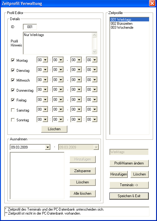 Abbildung 21: Zeitprofil Verwaltung Um eine Liste aller Zeitprofile, die in einem Terminal gespeichert sind, zu empfangen ist Profile vom Terminal empfangen zu wählen.