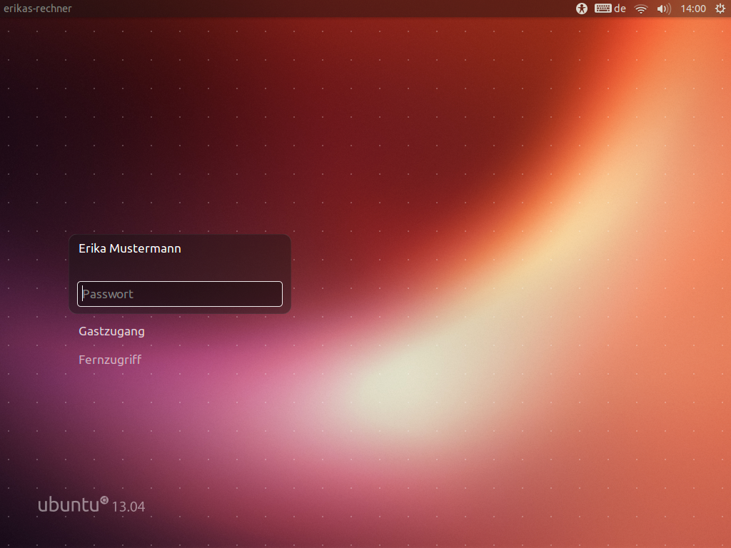 E S U. Anmeldebildschirm Nachdem die Installation abgeschlossen und der Rechner neugestartet wurde, werden Sie vom Ubuntu-Anmeldebildschirm begrüßt.