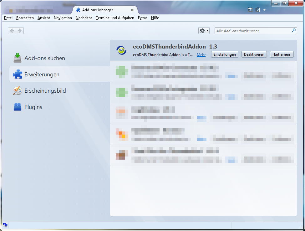 6. Windows Deinstallationen 6.7 Thunderbird Addon 1. Starten Sie «Thunderbird». 2. Klicken Sie auf «Menü - Extras - Addons». Abbildung 6.19: Thunderbird: Extras -> Add-ons 3.