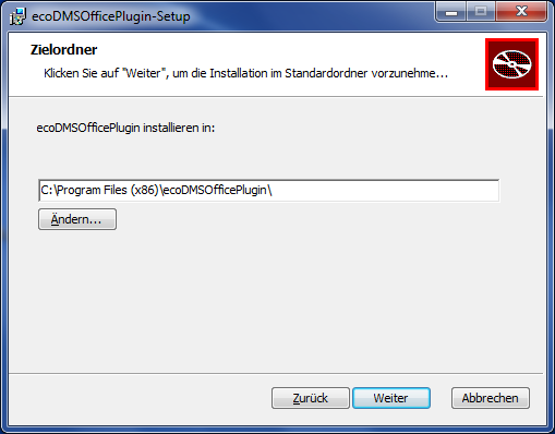 5. Windows Installationen Abbildung 5.87: MS Office Plugin - ecodms Lizenzbestimmungen 9. Wählen Sie das Installationsziel.
