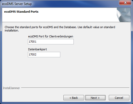 1. Windows Installationen Abb. (ähnlich) 1.12: ecodms Server: Installationsziel 11. Bei einer Erstinstallation des ecodms Servers erscheint nun die Auswahl der Ports für ecodms.