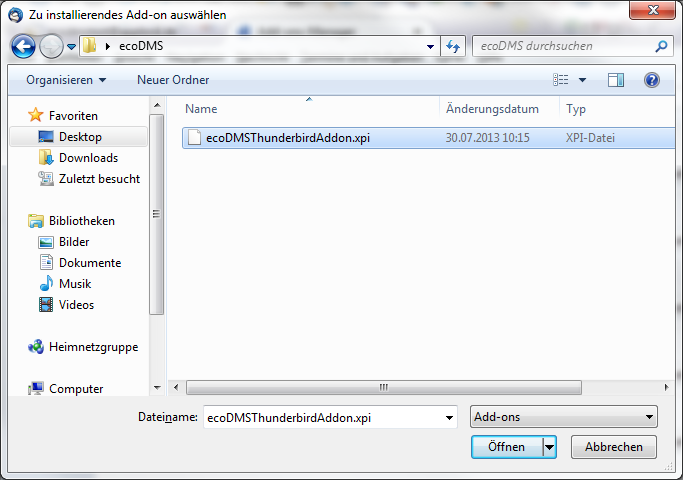 1. Windows Installationen Abb. (ähnlich) 1.60: Thunderbird: Extras -> Add-ons 5. Wählen Sie nun im Add-ons Manager die Funktion Add-on aus Datei installieren.... Abb. (ähnlich) 1.61: Thunderbird: Add-on aus Datei installieren 6.
