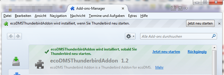 1. Windows Installationen 7. Bestätigen Sie die Sicherheitsabfrage und starten Sie die Installation mit einem Klick auf Jetzt installieren. Abb. (ähnlich) 1.63: Thunderbird: Add-on installieren 8.