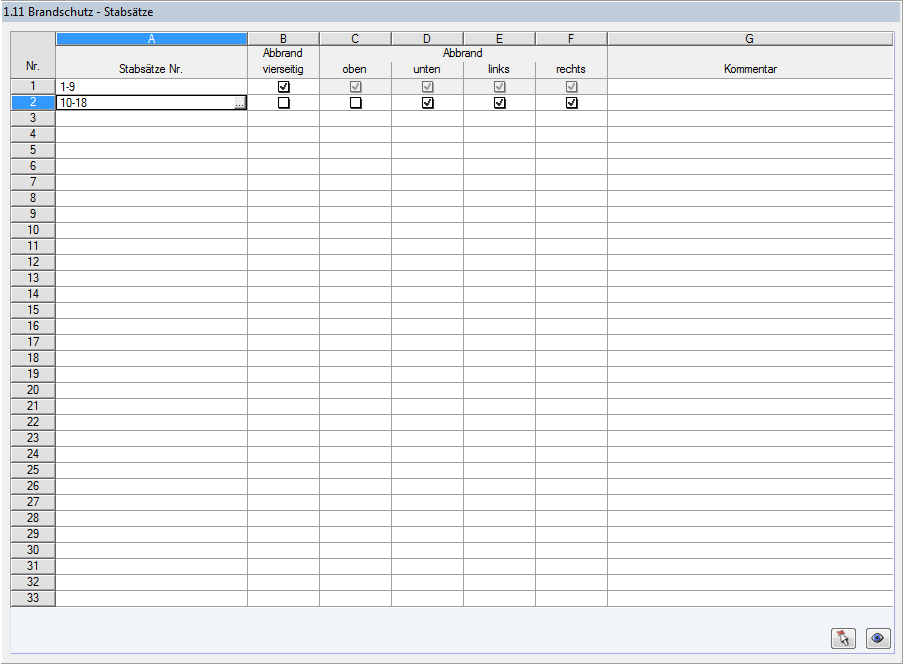 2 Eingabedaten 2 2.10 Brandschutz - Stabsätze Die letzte Eingabemaske verwaltet die Brandschutzparameter von Stabsätzen. Sie wird angezeigt, wenn in Maske 1.