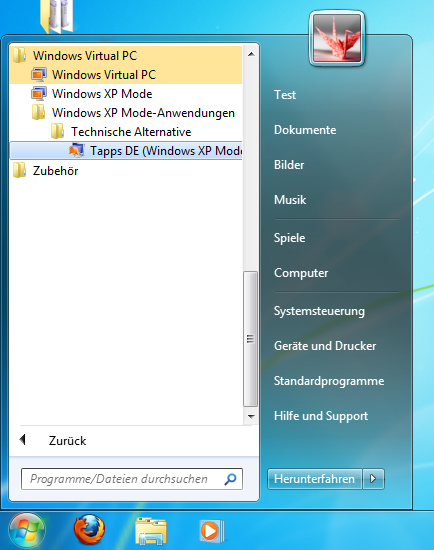 Wenn das virtuelle Windows XP heruntergefahren bzw. in den Ruhezustand versetzt wurde, kann im Startmenü von Windows 7 TAPPS direkt gestartet werden.