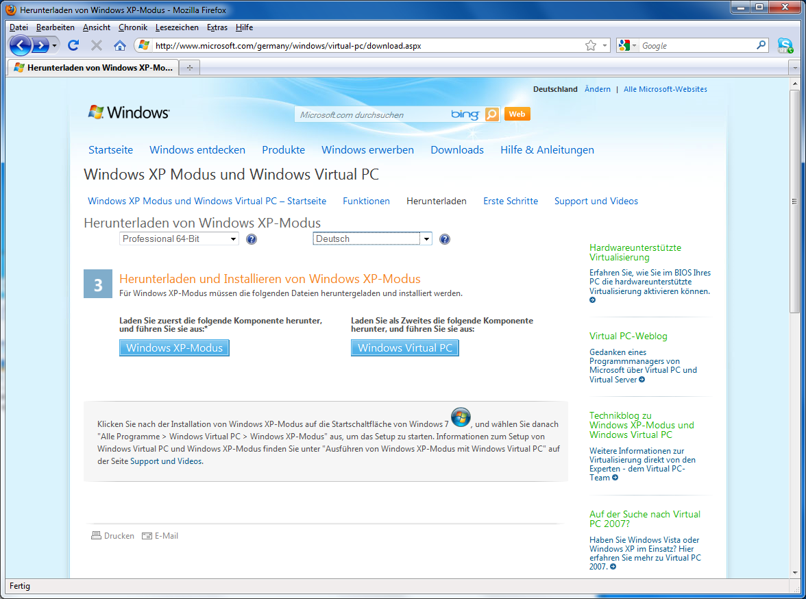 2 Download und Installation Für die Installation des Windows XP Mode ist der Download von 2 Dateien notwendig.