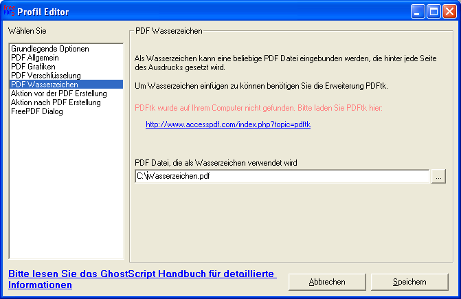 PDF Wasserzeichen Ab FreePDF XP 3.0 kann einem PDF automatisch ein Wasserzeichen hinterlegt werden. Dabei handelt es sich um eine Funktion, die nicht von GhostScript bereitgestellt wird.