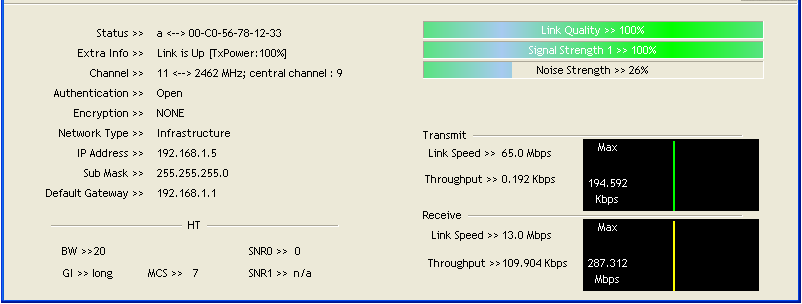 Link Status Bildschirm Link Informationen Status Extra Info Channel Authentication Encryption IP-Adress Subnet Mask Default Gateway HT Link Quality Noise Strength Link Speed Throughput Zeigt an, mit