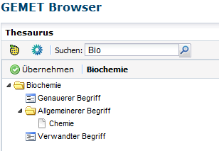 Eine weitere Suchoption bietet die GEMET Thesaurus Suche. Mit einem Klick auf das entsprechende Symbol werden die sog.