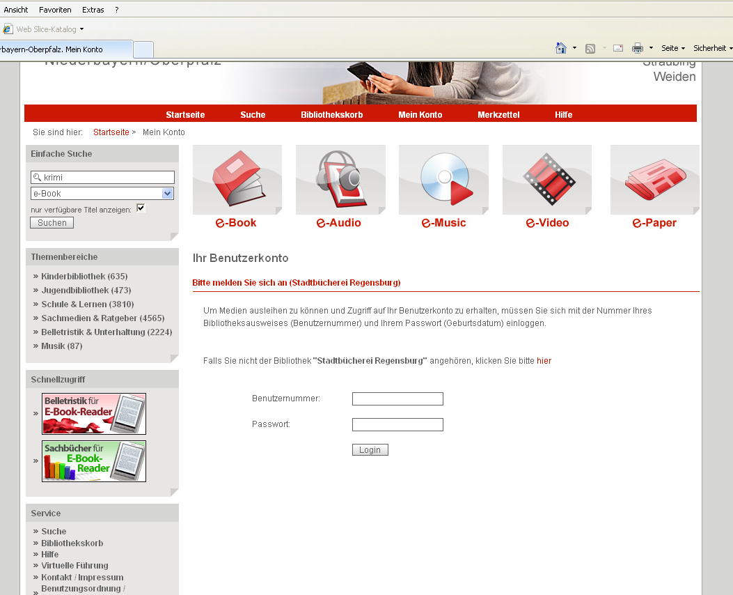 Dazu melden sich Sie sich mit ihrem Benutzerkonto an, indem Sie ihre Bibliotheksausweisnummer und ihr Passwort (Geburtsdatum in