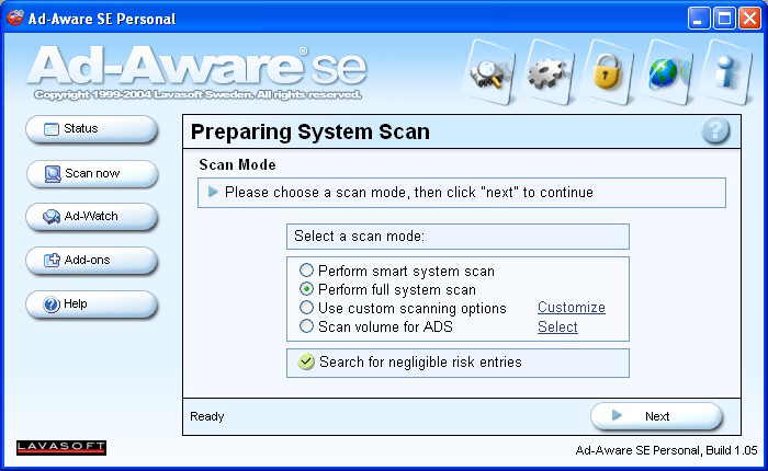 Seite 4 von 9, 30. März 2005 Abbildung 1.2.2. Es ist wichtig das Ad-Aware auf dem neuesten Stand gehalten wird, damit eine best mögliche Reinigung des Systems durchgeführt werden kann.