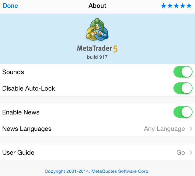 3.8 Informationen über die App Oben werden Informationen über MetaTrader 5 angezeigt.