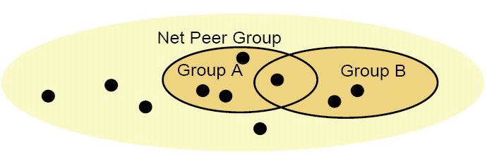 Grundkonzepte Peer Group Gruppe von Knoten mit gleichen Interessen Peers einer Gruppe kooperieren in festgelegter Weise und besitzen ähnliche Dienste Mitgliedschaft und