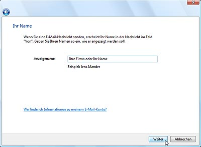 (Abbildung 02) In dem sich öffnenden Fenster werden Sie zur Eingabe Ihres Namens aufgefordert. Hier geben Sie Ihren Namen ein, bzw. den Namen den der Empfänger sehen soll, dem Sie eine E Mail senden.