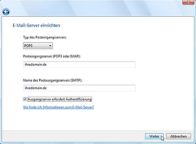 (Abbildung 04) Für das nachfolgende Fenster benötigen Sie die Informationen für Ihren POP3 sowie Ihren SMTP Server: SMTP Server / Postausgangsserver : quadronet.