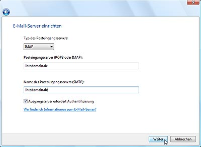 (Abbildung 04) Für das nachfolgende Fenster benötigen Sie die Informationen für Ihren IMAP sowie Ihren SMTP Server: SMTP Server / Postausgangsserver : quadronet.