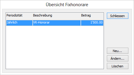 Einfügen in Journal / Log - Quick Add FixHonorare Zuerst erhalten Sie eine Übersicht über alle zum Projekt gehörenden Fix-Honorare (festes, sich wiederholendes Honorar).