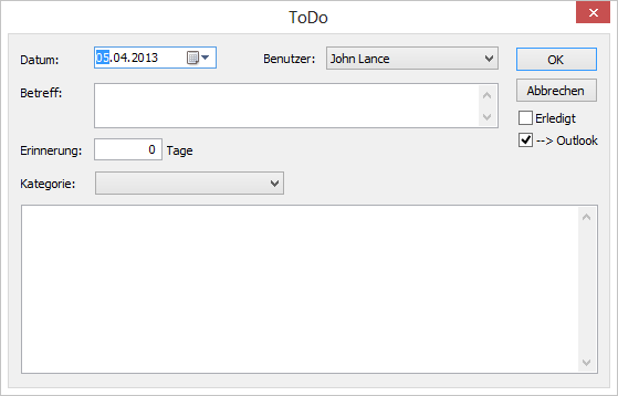 Einfügen in Journal / Log - Quick Add ToDo / Aufgabe Log / Journal 51 Datum Benutzer Erinnerung Erledigt Notiz Kategorie Outlook Wählen Sie das gewünschte Datum (direkt erfassen oder mit der