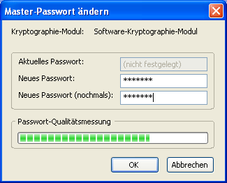 Wenn Sie noch keine Zertifikate in Thunderbird benutzt haben, werden Sie aufgefordert, ein Master-Passwort für den Zertifikatspeicher