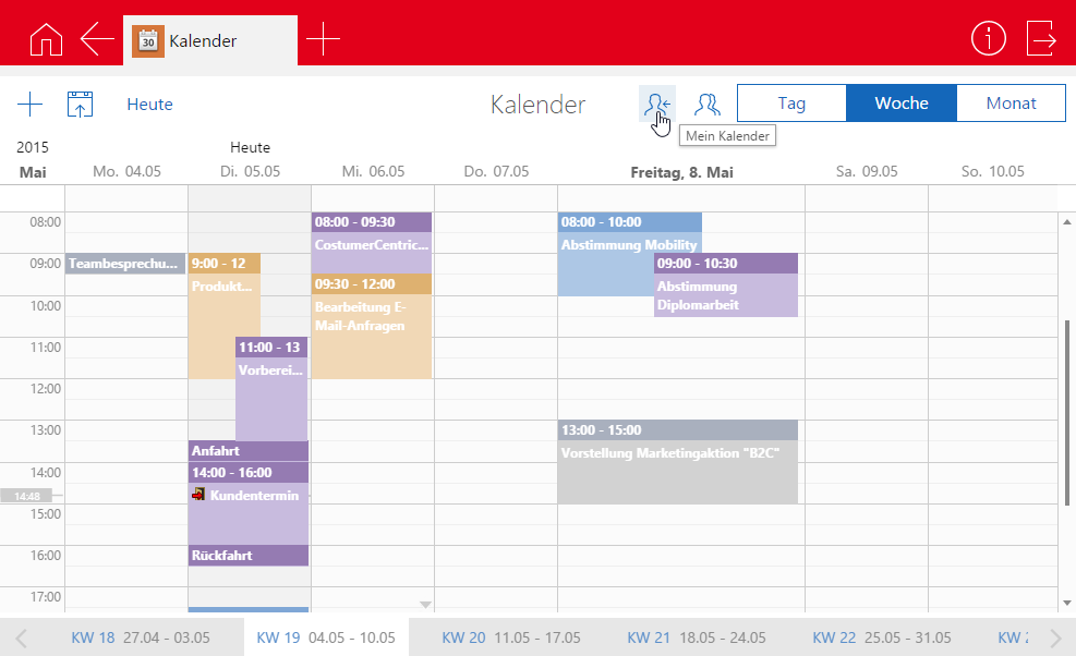 Timeclient online Kalender Über die Schaltflächen Tag, Woche und Monat ändern Sie den Ansichtsmodus.